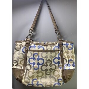 COACH ALEXANDRA CHAIN LINK CLOVER SIGNATURE C SHOULDER BAG- Tan&blue Needs Clean